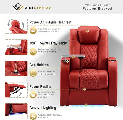 Weilianda Home Theater Seating Top Grain Leather Zero Gravity Recliner Chair Power Headrest Recline Movie Seat Gaming 7 Colors Mood Light Sofa with Tray Table USB Charge Row of 4 Loveseat Middle Red