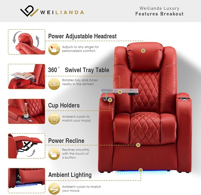 Weilianda Home Theater Seating Top Grain Leather Zero Gravity Recliner Chair Power Headrest Recline Movie Seat Gaming 7 Colors Mood Light Sofa with Tray Table USB Charge Row of 4 Loveseat Left Red