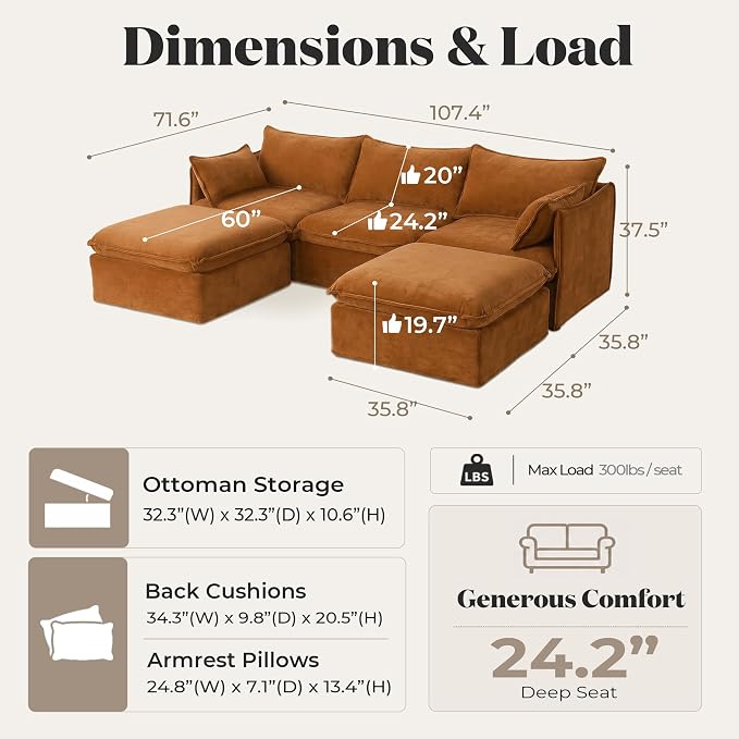 Cloud Modular Sectional Sofa, Oversized Deep Seat Comfort, Luxe Chenille | Fully Removable Washable Covers, Memory Foam Seat Cushions, Storage Ottoman, Premium Fabric
