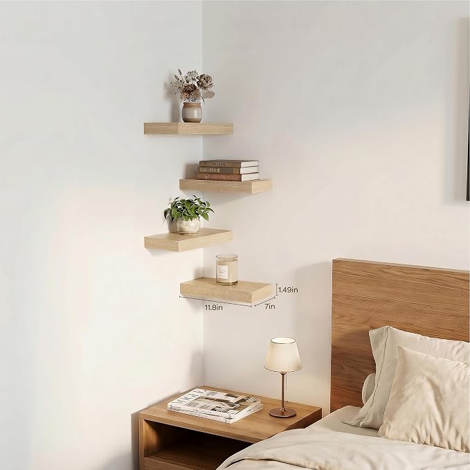 Floating Shelves for Wall, Wall Mounted Shelves Set of 4, 11.8 Inch Hanging Shelf with Invisible Brackets,Oak