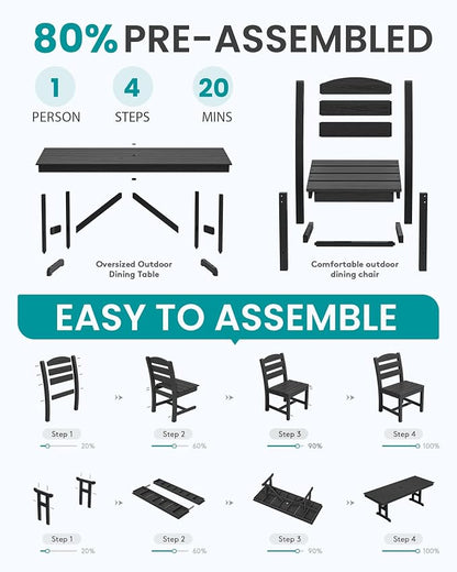 SERWALL 10 Piece 84" HDPE Outdoor Dining Set for 8 with 6 Armless Chair, 2 Armchairs and Umbrella, Black