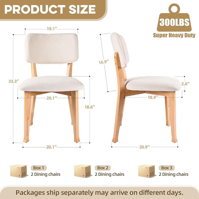 Wooden Dining Chairs Set of 6, Mid Century Modern Kitchen Chairs with Fabric Upholstered and Curved Backrest for Dining Room, Restaurant/Cafe, 300LBS Capacity, Natural