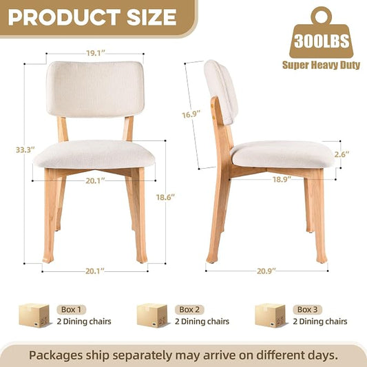 Wooden Dining Chairs Set of 6, Mid Century Modern Kitchen Chairs with Fabric Upholstered and Curved Backrest for Dining Room, Restaurant/Cafe, 300LBS Capacity, Natural