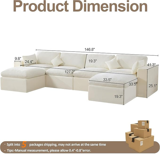 146''Cloud Boneless Sectional Couch, Modular Sectional Sofa Deep Seat with 2 Ottomans, Oversized Upholstered Convertible Comfy 6 Seater Chenille Sofa U Shape Couches for Living Room, Beige