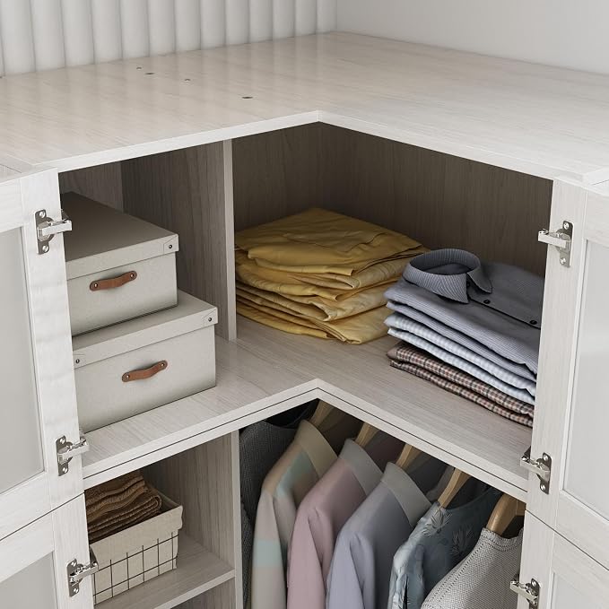 MOUMON Tall Corner Wardrobe, L-Shaped Modern Bedroom Armoires with Frosted Glass Doors and Hanging Rod, Corner Armoire Closet for Clothes Storage, Wood Grain 35.4" W x 35.4" D x 86.6" H