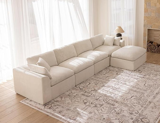 146" Modular Sectional Sofa – Modern Cloud Couch with Deep Chenille Seats, L-Shaped Boneless Sofa, Pet-Friendly, No Assembly, Warm White (4 Seater + 1 Ottoman)