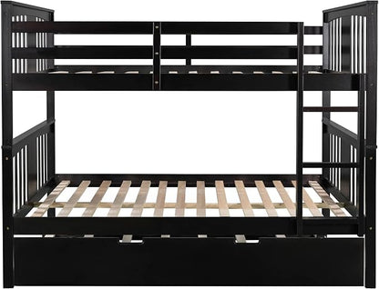 Merax Full Over Full Bunk Bed with Trundle, Convertible to Two Separate Beds, Solid Pine Wood Frame with Safety Guardrail & Headboard/Footboard, Sturdy Durable Design, No Box Spring Needed, Espresso