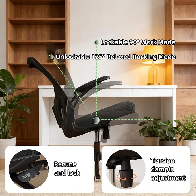 Ergonomic Office Chair, High-Back Mesh Computer Desk Chair with Adjustable Height, Lumbar Support, Flip-Up Armrests,and Swivel Rolling Design for Home and Office Use
