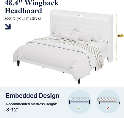 Allewie King Size Platform Bed Frame with Charging Station & Storage Headboard, Upholstered Velvet Wingback Design & USB Port, Strong Wooden Slats Support, No Box Spring Needed, Easy Assembly, White