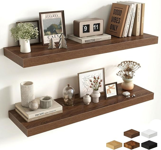 Fun Memories Floating Shelves for Wall 36 Inches, Wood Shelves with Invisible Bracket, 10" Deep Shelves Wall Mounted, Large Wood Floating Shelves for Living Room Bathroom, Walnut, Set of 2