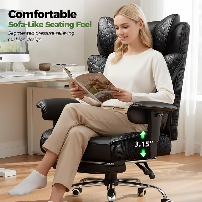 GTPLAYER Big and Tall Office Chair Wide Ergonomic Gaming Chair with Deluxe Embossing Designed Leather with Foot Rest,150°Reclining Adjustable Soft Armrests Pocket Spring Back Support and Pillow