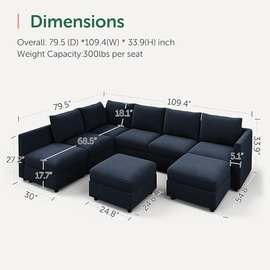 HONBAY Modular Sectional Couch U Shaped Sectional Sofa with Storage Velvet Convertible Sectional Couches for Living Room,Dark Blue
