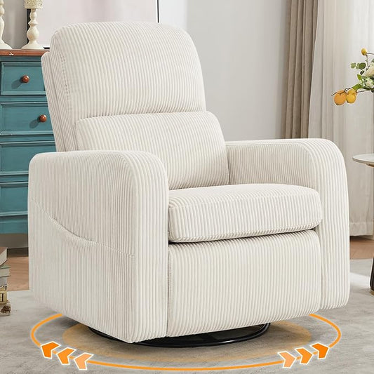 Swivel Rocker Recliner, Oversized Manual Nursery Glider Rocking Recliner Chair with Removable Cushion, Upholstered Corduroy Swivel Reclining Chair for Nursery Living Room Bedroom, Cream White