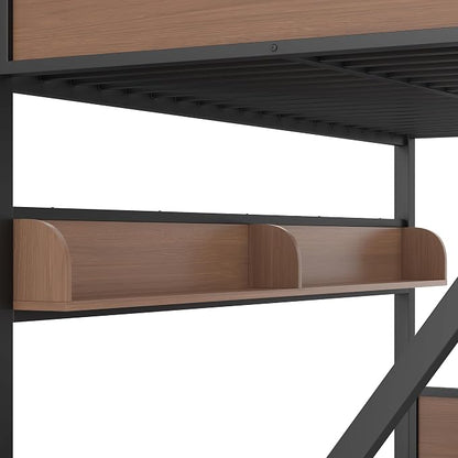 Bellemave Bunk Bed Queen Over King with LED, Heavy Duty Metal Bunk Beds with Storage Shelves and Lights, Woodgrain+Black