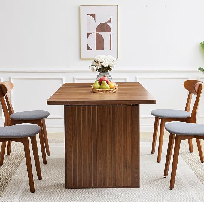 55 in–71 in Extendable Rectangular Dining Table for 4–6, Modern Farmhouse Expandable Kitchen Table with Carved Line Base, Wooden Dinner Table for Kitchen Living Room Home Office (Walnut)