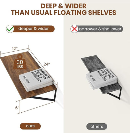 Heimlove 12 Inch Deep Floating Shelves for Wall, 24W x 12D Wood Wall Shelves Set of 2, Walnut Wide Floating Bookshelf for Living Room, Kitchen, Office, Bedroom, with Black Metal Bracke - Walnut