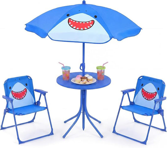 Costzon Kids Picnic Table, Kids Outdoor Table with 2 Folding Chairs, Height Adjustable Umbrella, Portable Children Outdoor Furniture for Patio, Garden, Backyard (Blue Shark)