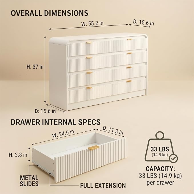 FURSUN Fluted 8 Drawers Dresser for Bedroom, 55" Wide Wooden Dresser with Metal Handle, Curved Profile Design, Modern Storage Organizer for Bedroom, Living Room, Hallway, White