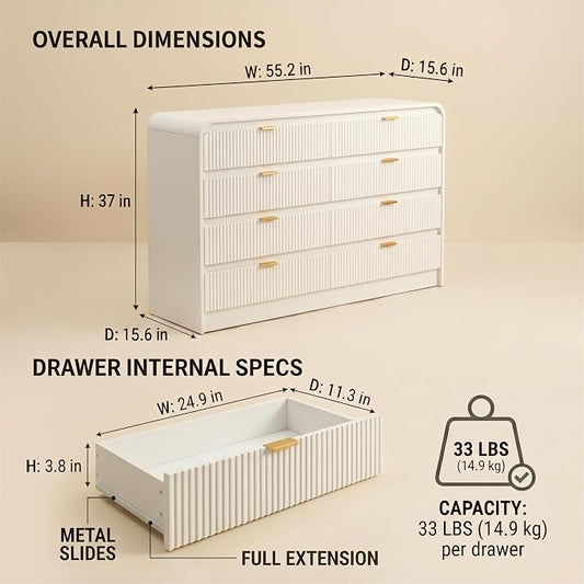 FURSUN Fluted 8 Drawers Dresser for Bedroom, 55" Wide Wooden Dresser with Metal Handle, Curved Profile Design, Modern Storage Organizer for Bedroom, Living Room, Hallway, White