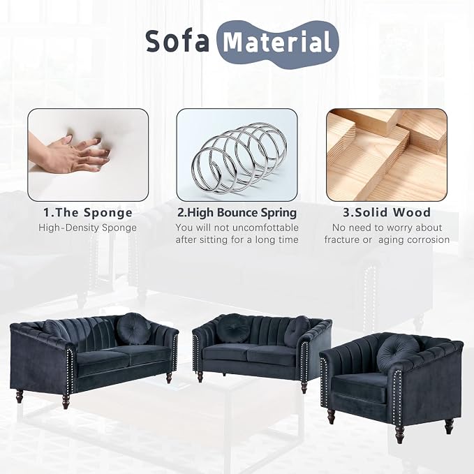 Sectional Sofa Set, Microfiber Chesterfield Upholstered Sofas Loveseat Couch Chair Sets with Style Button Tufted, Scroll Arms and Nailhead for Living Room, Office, Apartment-Black,3PCS