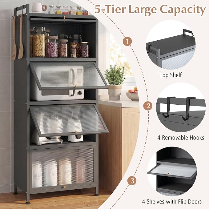 Giantex 5-Tier Kitchen Storage Cabinet, Freestanding Metal Pantry Cabinet w/ 4 Flip-up PC Doors, 4 Hooks & Adjustable Feet, 60” Tall Bakers Rack Microwave Stand for Dining Room, Living Room, Grey
