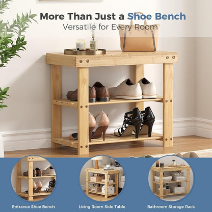 DUMOS Wooden Shoe Rack Bench with Storage, 3-Tier Bamboo Entryway Benches, Shoe Rack Holds Up to 286 lb Storage Organizer, 11.3 x 19.7 x 17.8 Inches, Suitable for Bedroom Living Room Balcony, Wood
