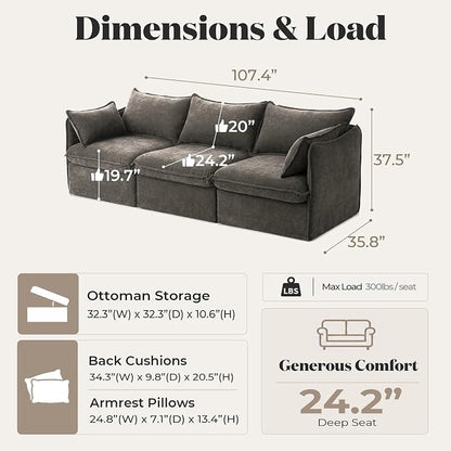 Cloud Modular Sofa, Oversized Deep Seat Comfort, Luxe Chenille | Fully Removable Washable Covers, Memory Foam Seat Cushions, Premium Fabric