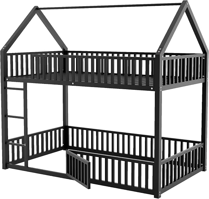 RuiSiSi Twin Over Twin House Bunk Bed, Metal Floor Bunk Beds with Safety Guardrails and Roof for Kids, Twin Bunk Bed Frame with Fenced Rails for Bedroom, No Box Spring Needed, Black
