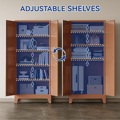COFaR 71'' Tall Metal Storage Cabinet, Farmhouse Kitchen Pantry Cabinet with Doors and 4 Adjustable Shelves, Brown Metal Cabinets for Garage, Kitchen, Bathroom, Laundry, 5-Tier