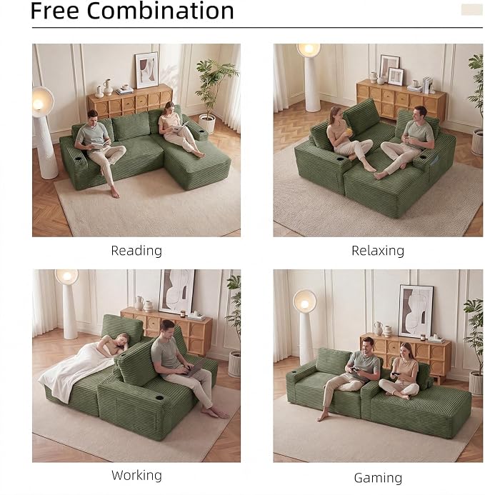104" L Shaped Boneless Sectional Couches for Living Room, Comfy Corduroy Floor Cloud Sofa with Chaise and Cup Holder, Wide Armrest, Deep Seat, Assembly Free, Ideal for Small Spaces, Green