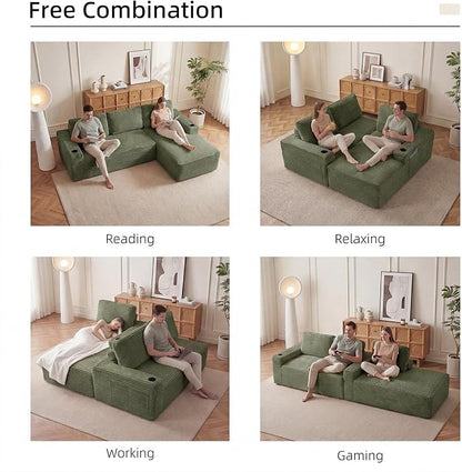 104" L Shaped Boneless Sectional Couches for Living Room, Comfy Corduroy Floor Cloud Sofa with Chaise and Cup Holder, Wide Armrest, Deep Seat, Assembly Free, Ideal for Small Spaces, Green