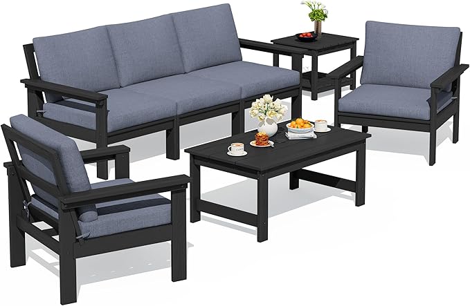 SERWALL HDPE Patio Furniture Set, 7-piece Outdoor Sectional Sofa Set, All Weather Outdoor Couch Set for Deck, Lawn, Black Frame with Grey Cushion