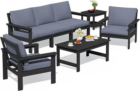 SERWALL HDPE Patio Furniture Set, 7-piece Outdoor Sectional Sofa Set, All Weather Outdoor Couch Set for Deck, Lawn, Black Frame with Grey Cushion