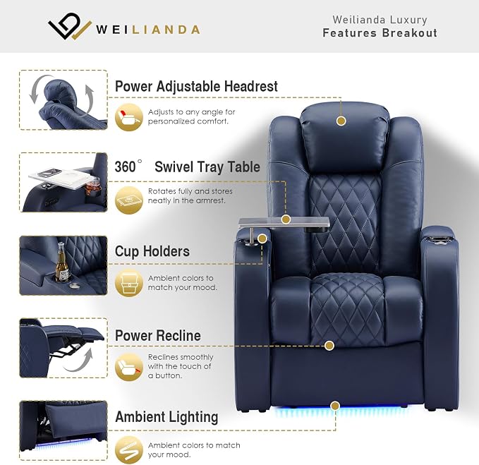 Weilianda Home Theater Seating Top Grain Leather Zero Gravity Recliner Chair Power Headrest Recline Movie Seat Gaming 7 Colors Mood Light Sofa with Tray Table USB Charge Row of 4 Loveseat Right Blue