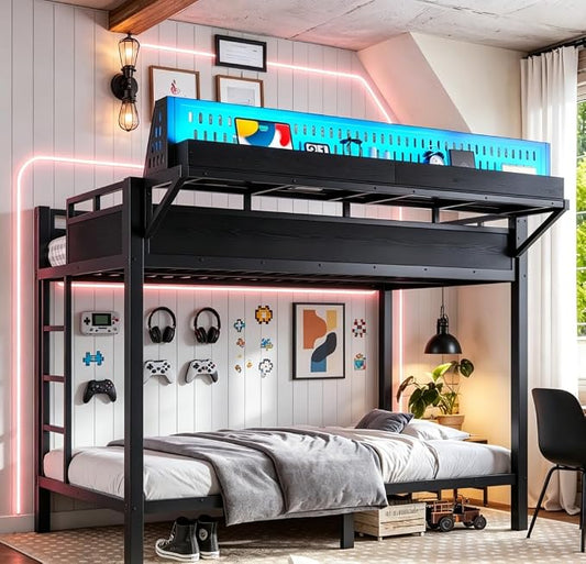 Bellemave Bunk Bed Twin XL Over Twin XL，Metal Bunk beds with Storage Shelves USB Ports and LED Lights, Black