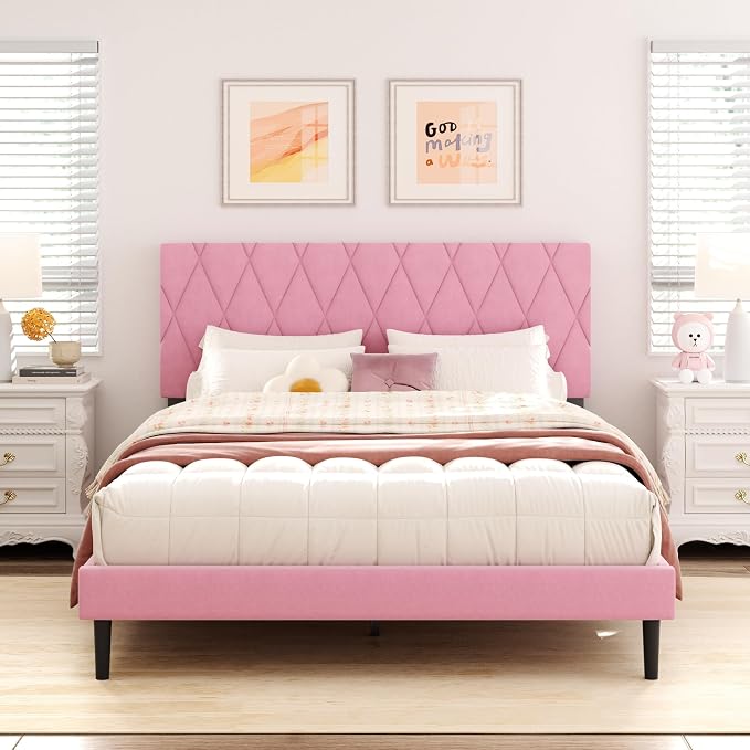 CXVX Queen Size Bed Frame with Diamond Tufted Headboard, Velvet Upholstered Platform Bed and Wooden Slat Support, Noise-Free, No Box Spring Needed, Easy Assembly, Pink
