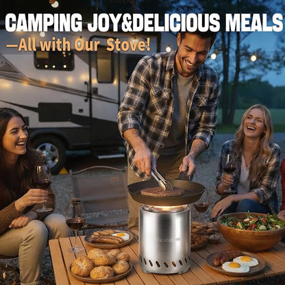 9.7 x 7.1 inch Tabletop FirePit, VivaGarden Portable Fire Pit Outdoor, Wood and Pellets Burning Camping Stove with Carry Bag, Forks, Mat and Pot Stand (Silver)