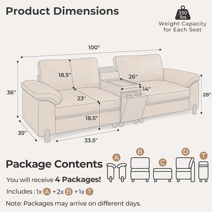 SITJOY Large Cloud Couch, 100" Wide Loveseat Sofa, Faux Leather in Brown | Pet-Friendly Scratch-Resistant Leather Sectional Sofas for Living Room, Deep Seat Wide Couch with Cuphoders