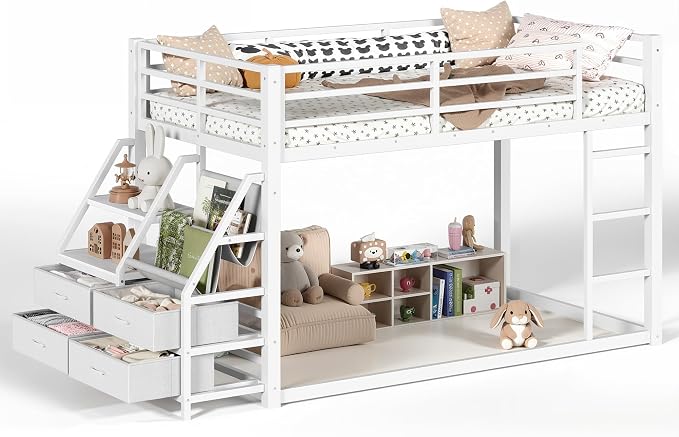 Bellemave Twin Over Twin Bunk Bed with Storage Shelves & 4 Drawers,Heavy Duty Metal Bunk Bed for Teens with LED Lights, Low Bunk Beds for Kids with Guardrails & Ladder, No Box Spring Needed, White