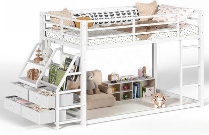 Bellemave Twin Over Twin Bunk Bed with Storage Shelves & 4 Drawers,Heavy Duty Metal Bunk Bed for Teens with LED Lights, Low Bunk Beds for Kids with Guardrails & Ladder, No Box Spring Needed, White