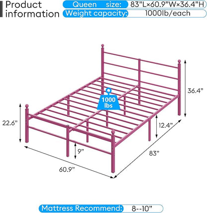 Queen Size Bed Frame with Headboard - Metal Platform Bed with LED Lights, Charging Station, Under Bed Storage and Heavy Duty Steel Slats Support - No Box Spring Needed, Easy Assembly, Pink