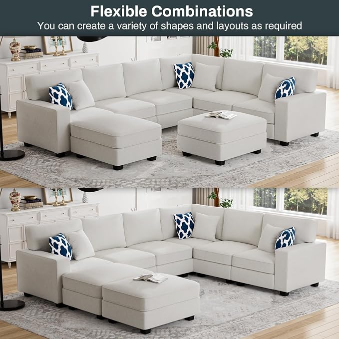 Legend Vansen Oversized Modular Sectional Sofa,U/L‑Shaped Reversible Couch with Ottoman,Deep Seat Plush Polyester Sofa for Living Room,8‑Seater,Cream