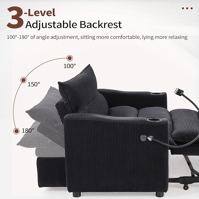 HAOMARKETS 3-in-1 Convertible Loveseat Sleeper Sofa Bed, 2-Seat Pull Out Couch with Cup Holders, Phone Holder and USB Ports, Corduroy 3-Level Adjustable Backrest Couches for Living Room, Black