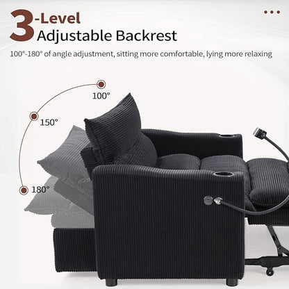 HAOMARKETS 3-in-1 Convertible Loveseat Sleeper Sofa Bed, 2-Seat Pull Out Couch with Cup Holders, Phone Holder and USB Ports, Corduroy 3-Level Adjustable Backrest Couches for Living Room, Black