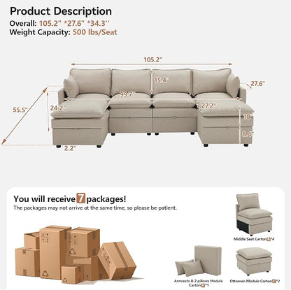 105" Beige Faux Leather Storage 4 Seater Sofa with 2 Ottomans, Comfy Couch | Convertible Modular Sectional Sofa, U Shaped Oversized Couch, Upholstered Large Cloud Couch For Living Room, Apartment.