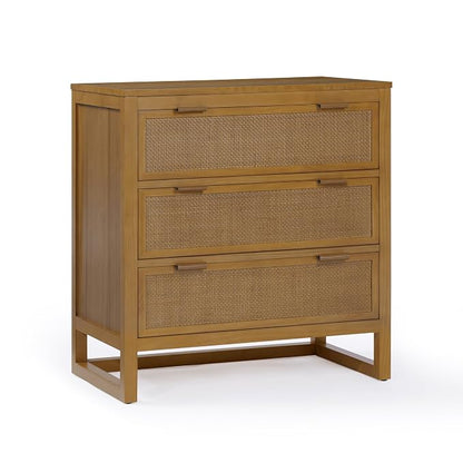 Teamson Home Hatteras 30'' W 3-Drawer Dresser with Rattan Inset Panels, Solid Pine Wood Frame and Acacia Veneer Plus Anti-Tip Kit Included, Coastal Modern Style, Natural Finish | Rattan Inset Panels, Solid Pine Wood Frame, Acacia Veneer, Anti-Tip Kit I...