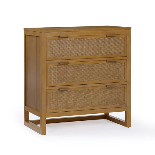 Teamson Home Hatteras 30'' W 3-Drawer Dresser with Rattan Inset Panels, Solid Pine Wood Frame and Acacia Veneer Plus Anti-Tip Kit Included, Coastal Modern Style, Natural Finish | Rattan Inset Panels, Solid Pine Wood Frame, Acacia Veneer, Anti-Tip Kit I...