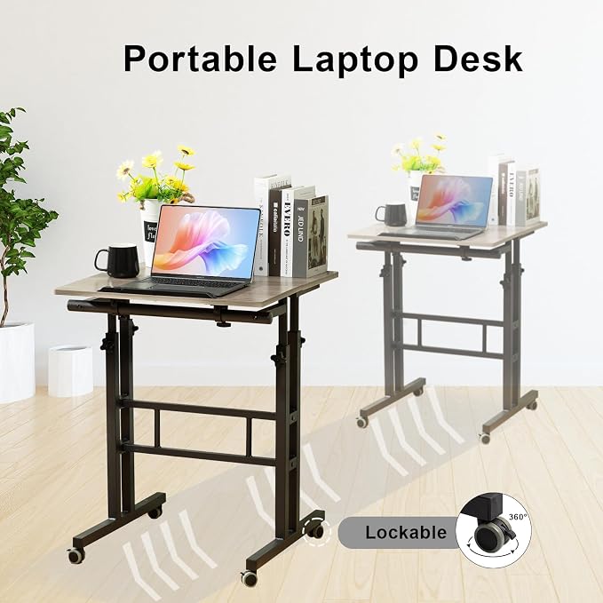 Hadulcet Mobile Standing Desk Adjustable Height with Charging Station | Standing Computer Desk, Standing Adjustable Laptop Cart with Wheels for Home Office Classroom Light Grey