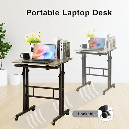 Hadulcet Mobile Standing Desk Adjustable Height with Charging Station | Standing Computer Desk, Standing Adjustable Laptop Cart with Wheels for Home Office Classroom Light Grey