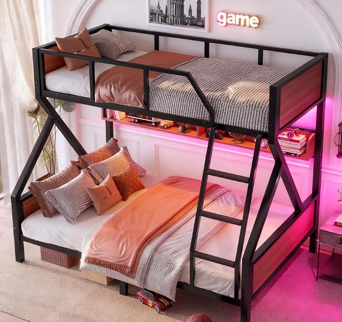 Bellemave Bunk Bed Twin Over Full with LED, Heavy Duty Metal Bunk BedFrame with Storage Shelves and Lights, Black